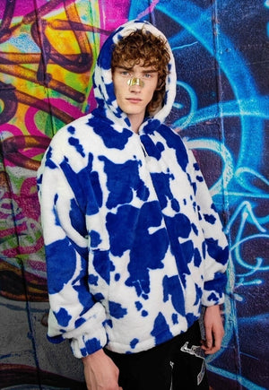 Cow fleece hooded jacket detachable fluffy animal print coat