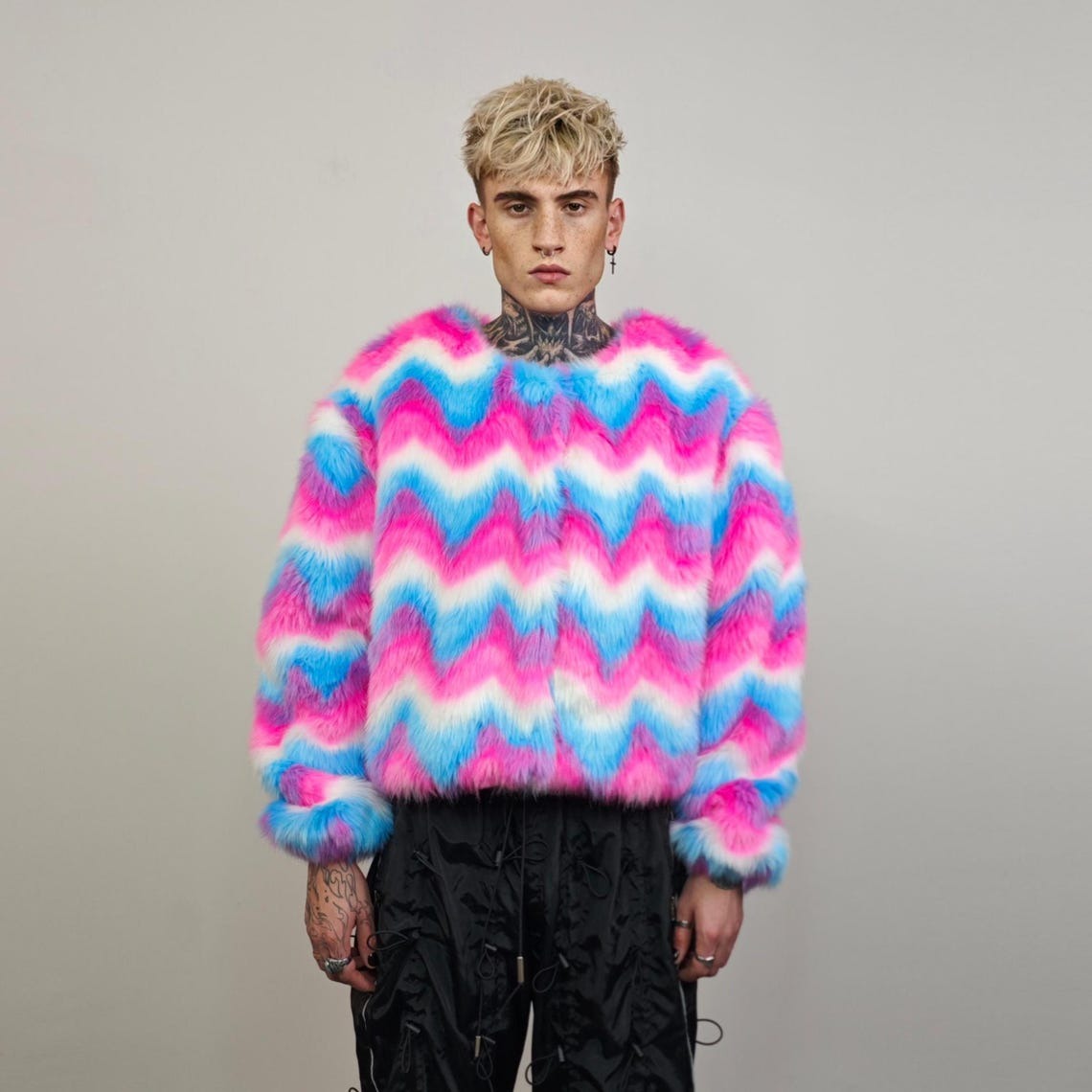 Rainbow faux fur coat short striped collarless jacket unicorn trench fluffy detachable sleeves handmade festival overcoat burning man fleece