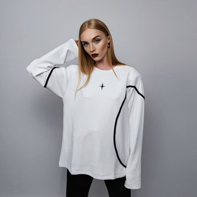 Utility sweatshirt big gorpcore top thin long sleeve contrast jumper asymmetric finish Gothic sweater punk pullover in white