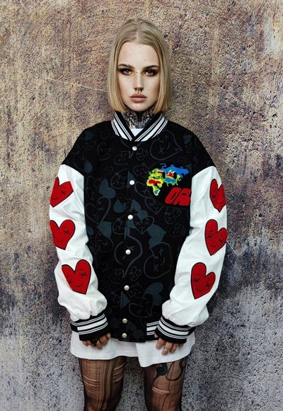 Heart patch varsity jacket faux leather sleeve bomber black