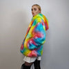 Hooded rainbow fur jacket unicorn bomber neon raver puffer fluffy tie-dye fleece psychedelic festival coat burning man party trench orange