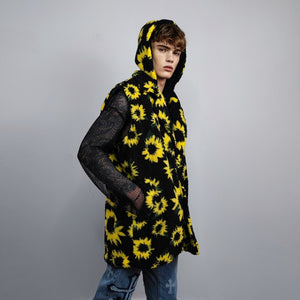 Sunflower fleece coat daisy trench floral pattern overcoat detachable sleeves rave bomber festival party jacket custom peacoat yellow black