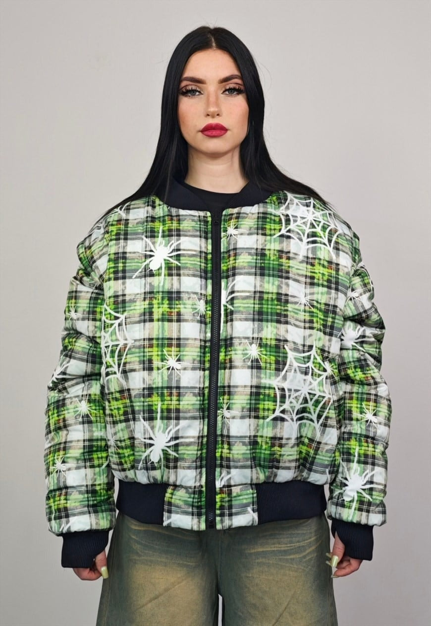 Spider print varsity jacket green checked reversible bomber