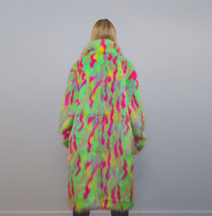 Psychedelic faux fur longline coat shaggy trench bright raver bomber fluffy winter fleece festival jacket neon burning man coat green pink