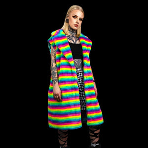 Rainbow coat hooded Gay pride trench striped rave bomber detachable fleece fluorescent festival bomber removable sleeves burning man jacket