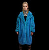 Neon faux fur long coat hooded trench bright raver bomber detachable fleece festival removable sleeves burning man jacket in electric blue