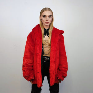 Hooded red faux fur jacket shaggy bomber bright raver puffer fluffy winter fleece festival coat burning man trench fancy dress overcoat