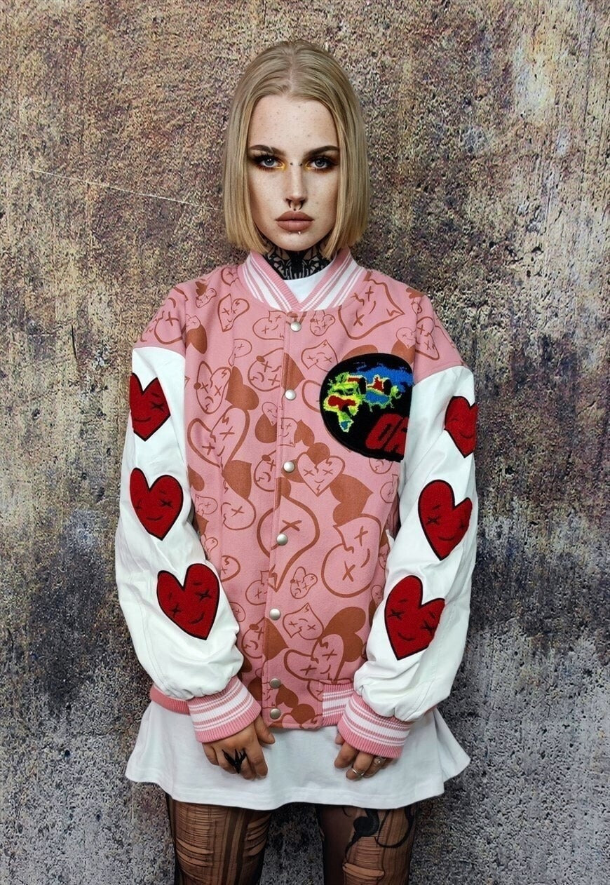 Heart patch varsity jacket faux leather sleeve bomber pink