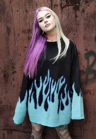 Flame sweater oversize knitted fire jumper Korean top blue