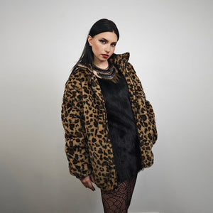 Animal print fleece jacket brown leopard coat zip up cheetah bomber wild cat overcoat fluffy jaguar festival jacket bobcat jumper