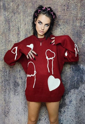 Heart sweater knitted grunge jumper fleece patch top in red