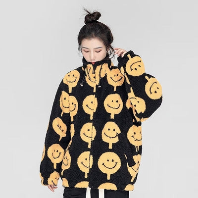 Emoji fleece jacket faux fur smile print bomber in black