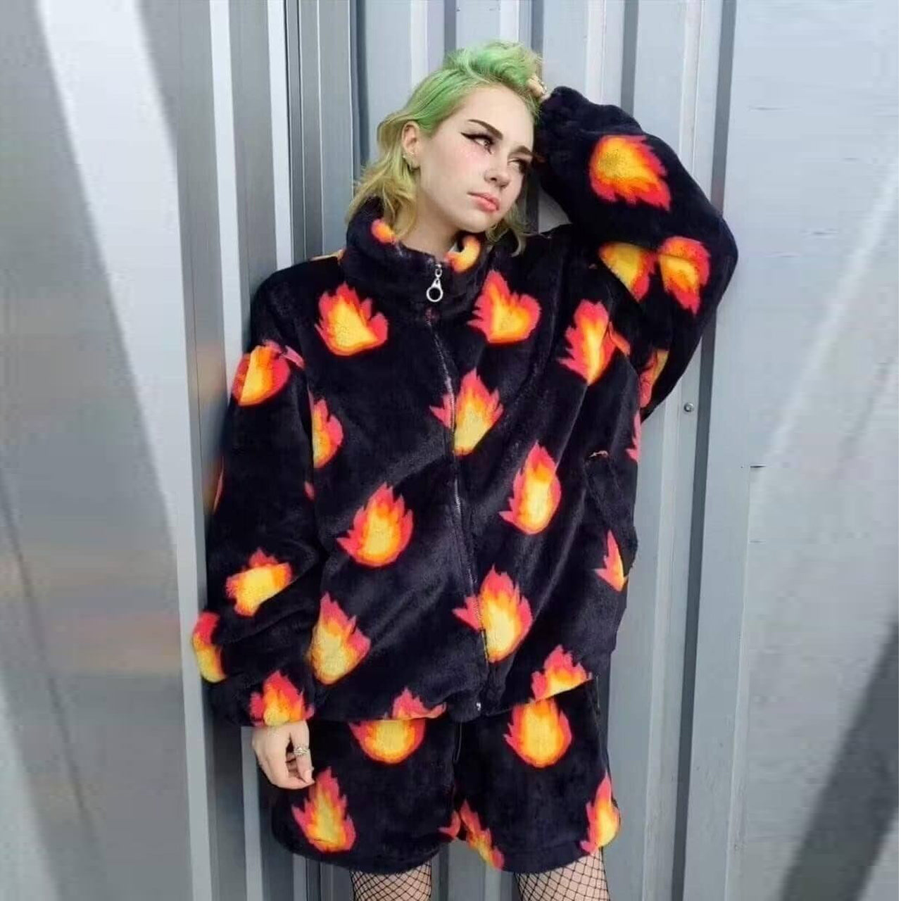 Flame fleece jacket handmade fire bolt bomber in black