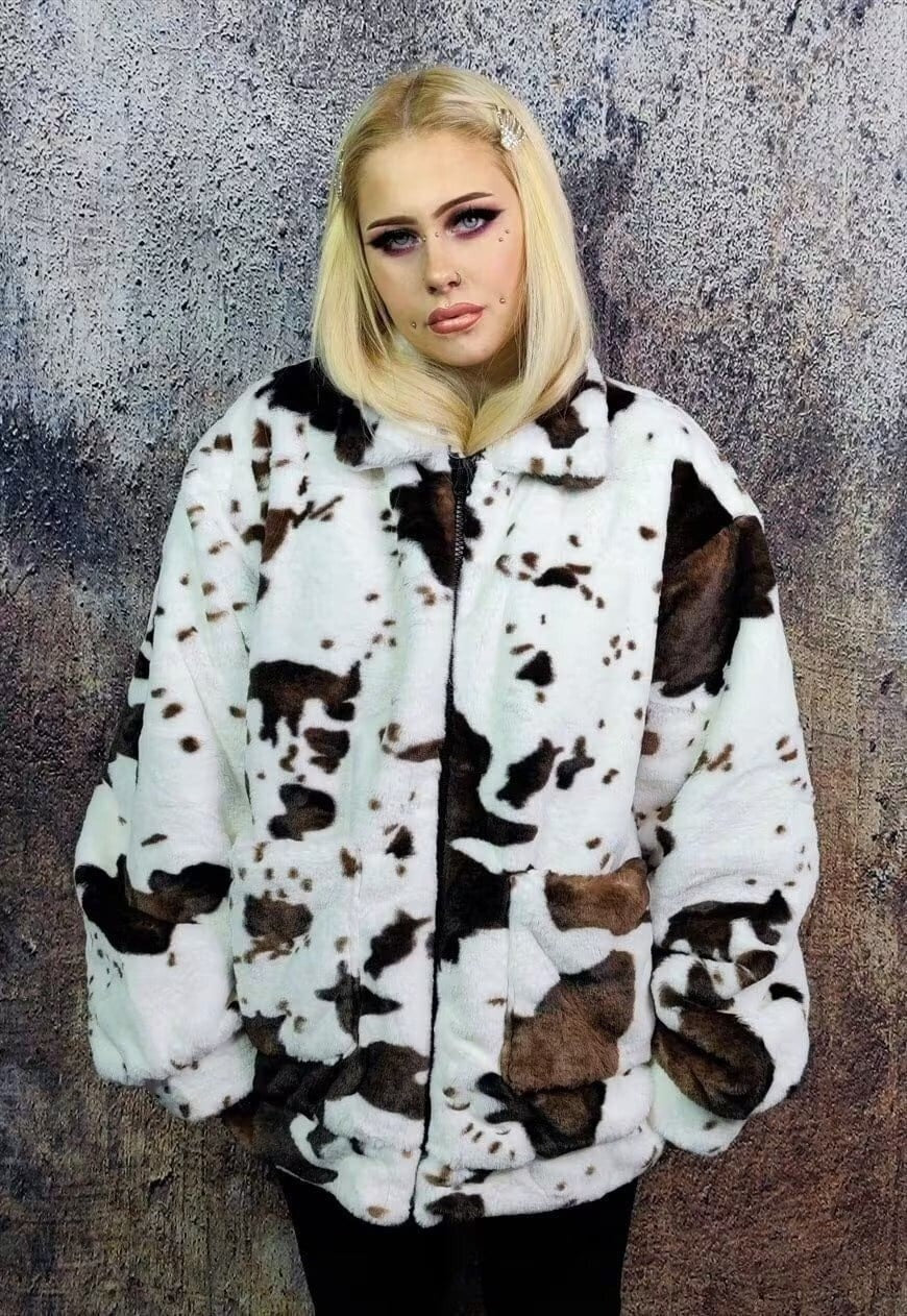 Cow fleece jacket faux fur fluffy animal print bomber brown