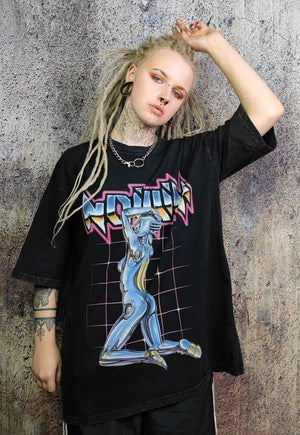 Retro robot t-shirt 80s graphic tee grunge top in acid black