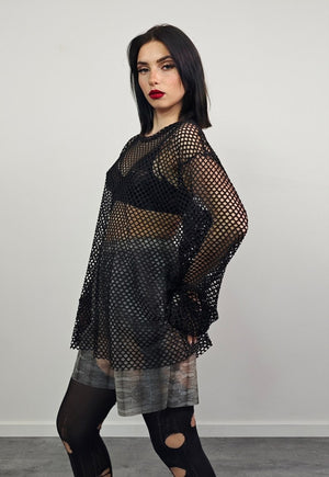 Oversize mesh top black transparent netted thin punk jumper