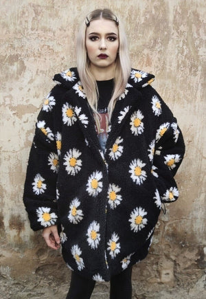 Floral fleece jacket handmade daisy trench coat in black