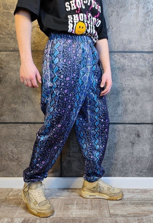 Snake print joggers handmade Python overalls in purple blue