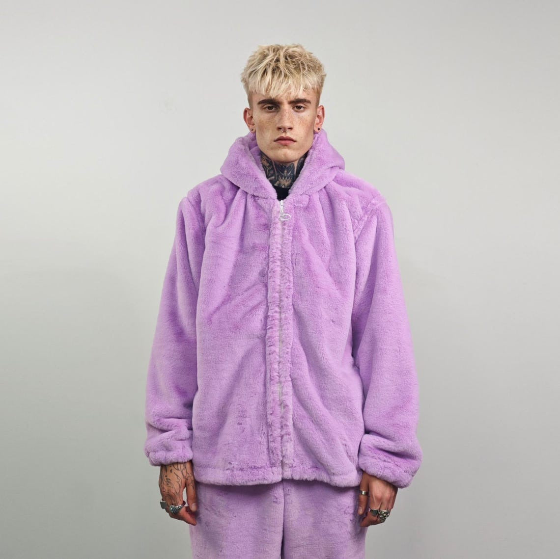 Short faux fur coat purple soft fleece trench luxury crop jacket detachable sleeves handmade pattern party overcoat fluffy festival set