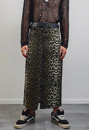 Leopard maxi denim skirt split back animal print bottoms