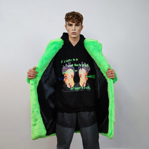 Neon faux fur longline coat shaggy trench bright raver bomber fluffy winter fleece festival jacket burning man coat in green