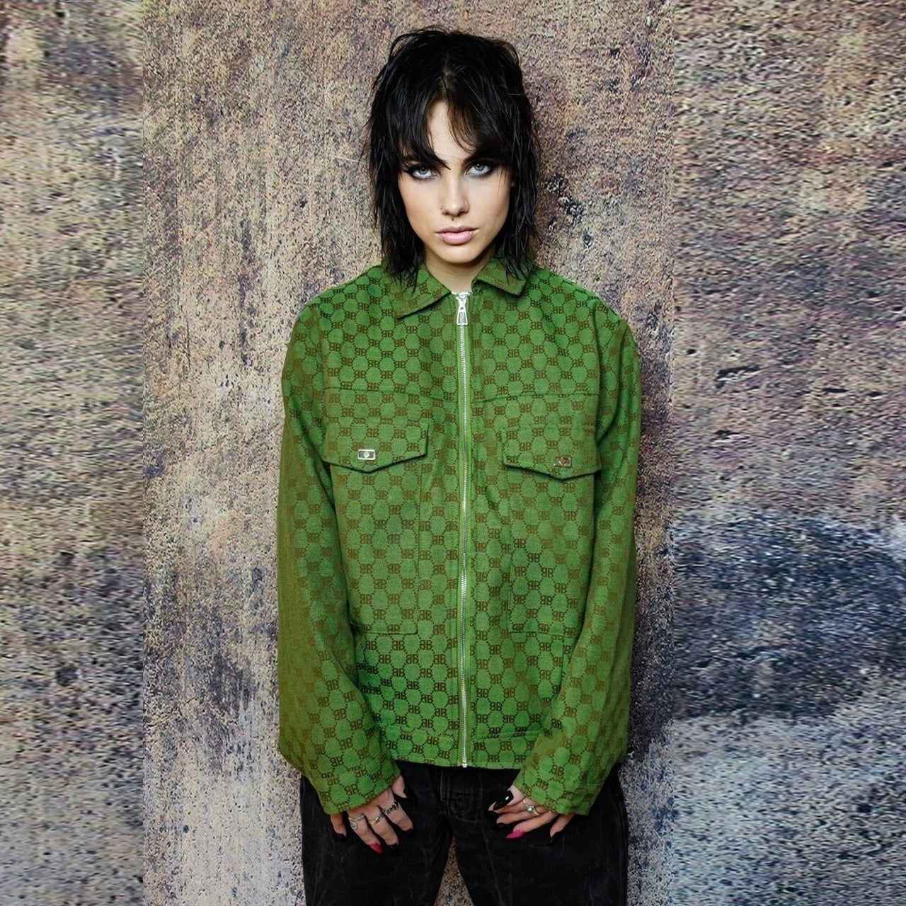 Letter print aviator jacket retro jacquard bomber in green