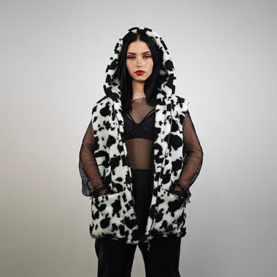 Cow fleece jacket white hooded animal print bomber festival coat furry overcoat spot print  pullover Dalmatian jumper psychedelic rave top