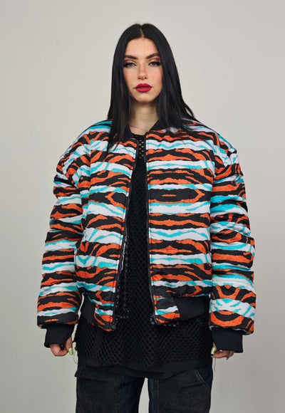 Horizontal stripe varsity jacket zebra reversible bomber