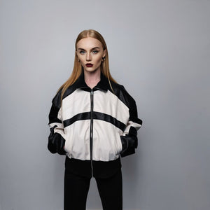 Faux leather motorcycle jacket PU racing bomber cropped college jacket edgy varsity jacket raised neck biker coat in white black