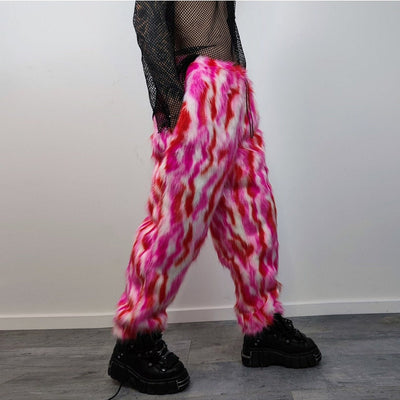 Striped fur joggers winter raver pants fluffy zebra trousers skiing fleece tie-dye overalls festival bottoms burning man pants in red pink