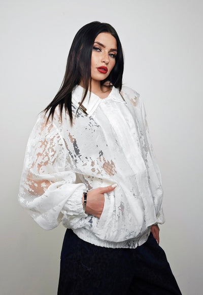 Transparent bomber white party jacket going out rave varsity