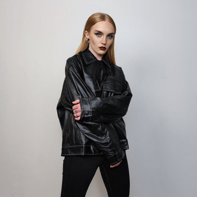 Faux leather biker jacket button up 80s PU aviator retro rubber bomber rocker coat grunge varsity going out utility jacket in black