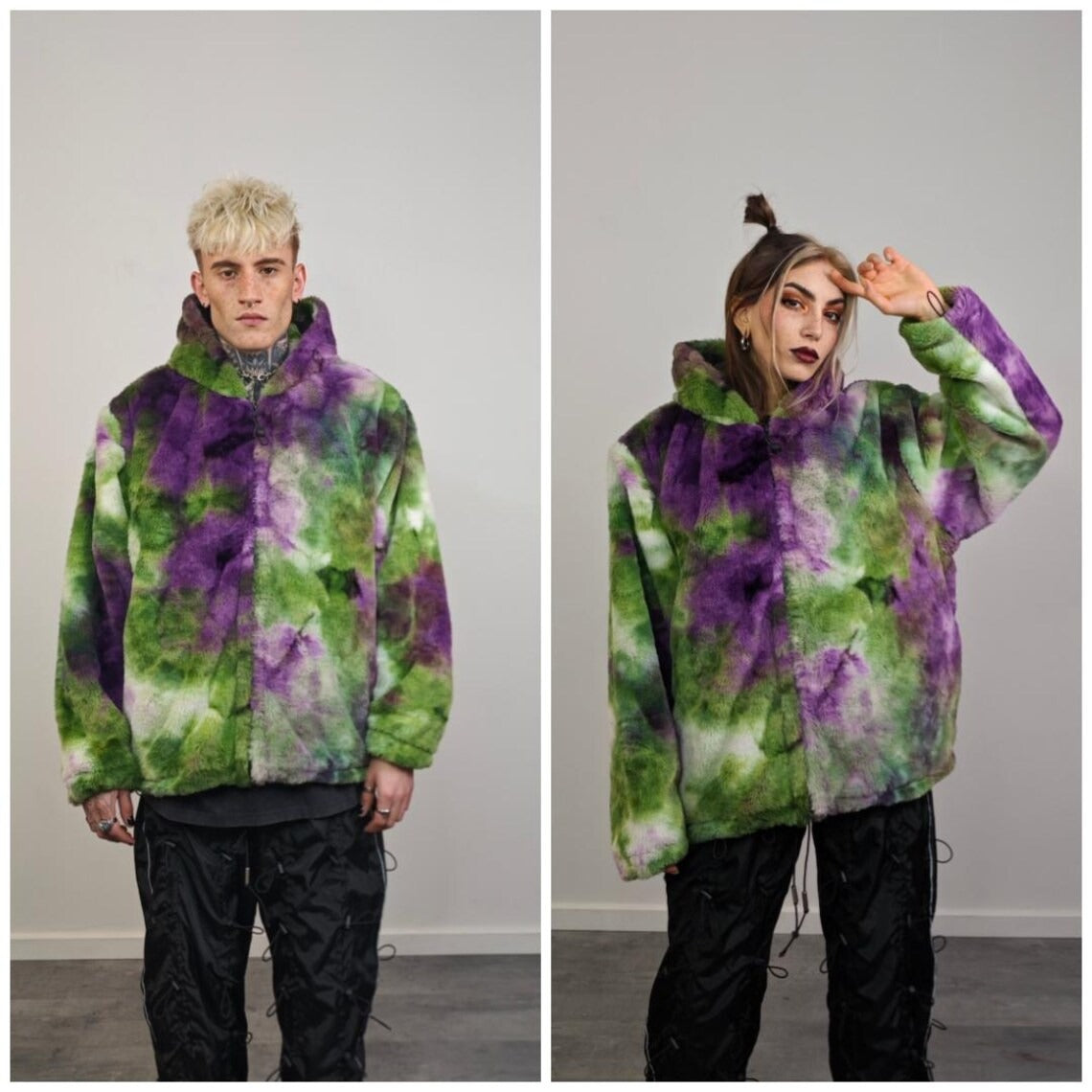 Tie-dye fleece coat green purple faux fur gradient trench grunge overcoat detachable handmade rave puffer festival bomber Coachella jacket