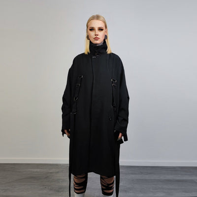 Utility buckle coat grunge bondage jacket strap attachment mac Gothic trench jacket catwalk bomber lapel smart overcoat in black