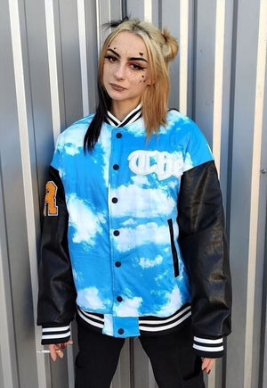 Clouds varsity bomber sky faux leather sleeves jacket blue