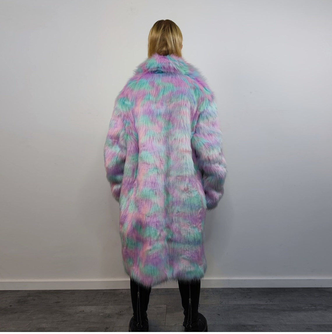 Candy faux fur long coat unicorn trench neon raver bomber fluffy tie-dye fleece psychedelic festival jacket burning man going out coat pink