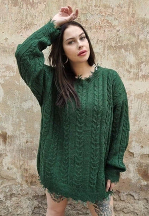 Cable knit sweater distressed top ripped jumper in green