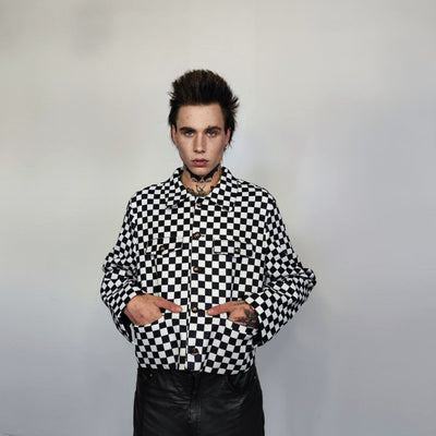 Button up check bomber jacket Chequerboard varsity SKA aviator chess pattern coat in black and white