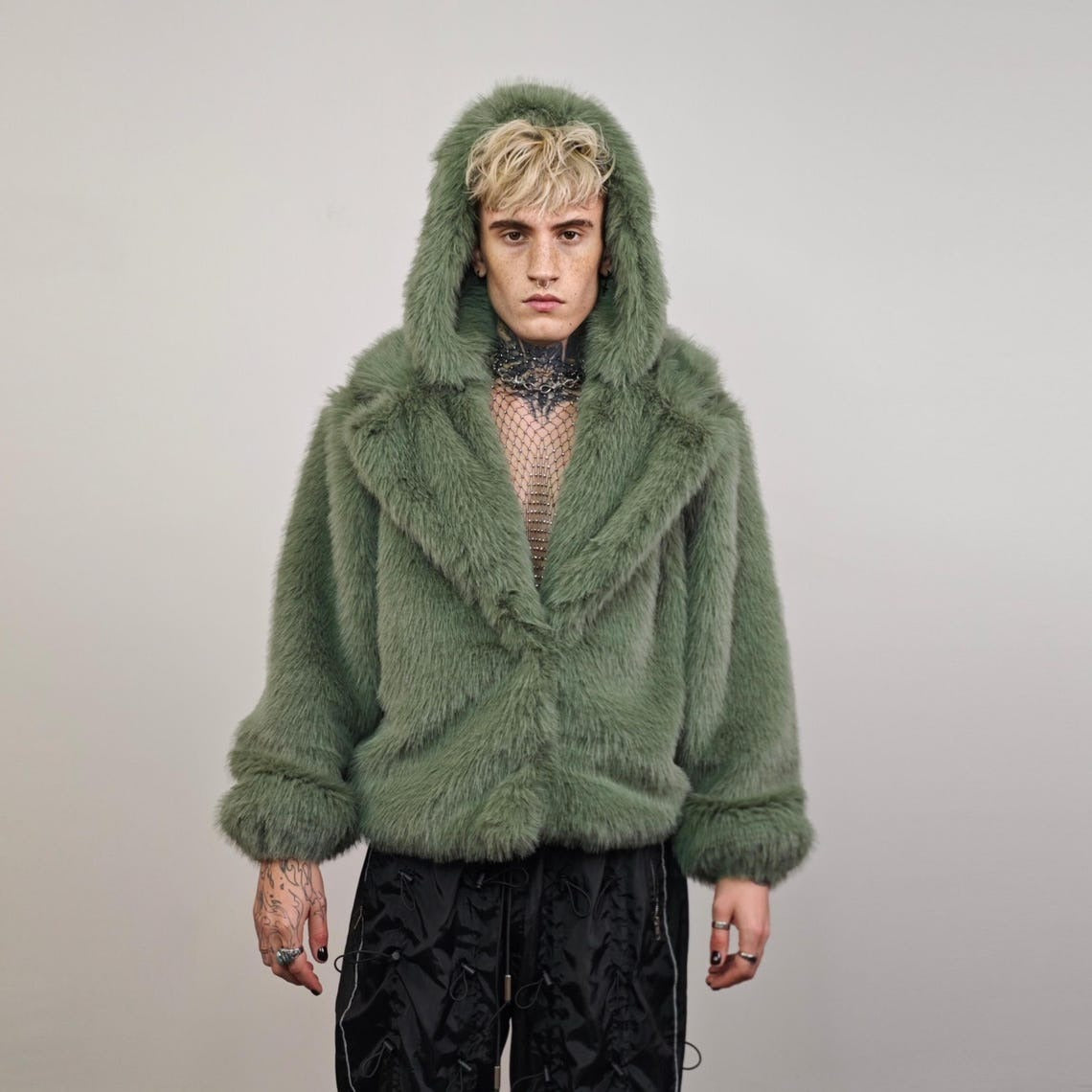 Green faux fur coat shaggy cropped trench short going out jacket fuzzy grunge detachable sleeves handmade luxury festival overcoat fleece