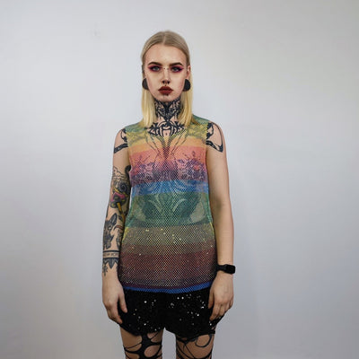 Sparkly mesh top Rainbow vest embellished Gay sleeveless t-shirt rave rhinestone tank transparent LGBT see-through blouse carnival crochet