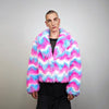 Rainbow faux fur skirt crop striped shorts festival zigzag skater skirt furry set carnival costume party pants psycho wide rave gown pink