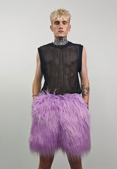 Shaggy fur shorts purple fuzzy cropped festival trousers