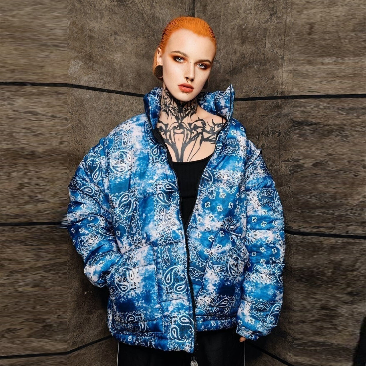 Tie-dye paisley bomber jacket detachable bandanna puffer