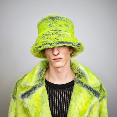 Luminous faux fur coat neon green trench oversize lemon jacket festival overcoat fluorescent peacoat rave bomber psychedelic party fleece