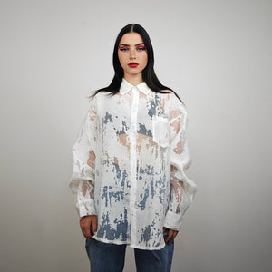 Sheer shirt white transparent blouse long sleeve mesh jumper edgy romantic top retro 00s see-though pullover in white