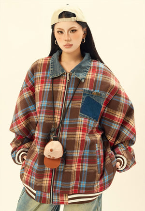 Retro plaid jacket woollen checked bomber in brown