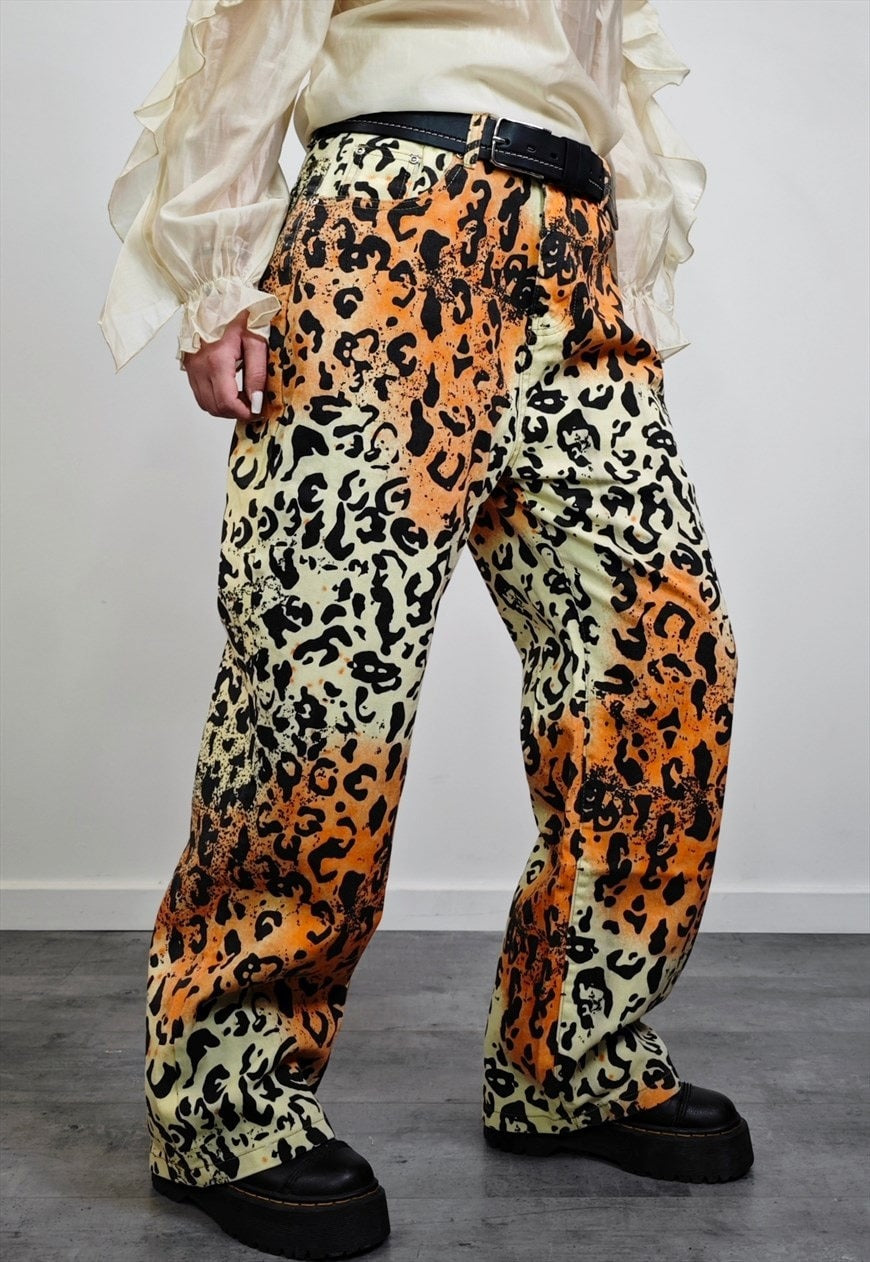 Orange leopard jeans tie-dye animal trousers cheetah pants