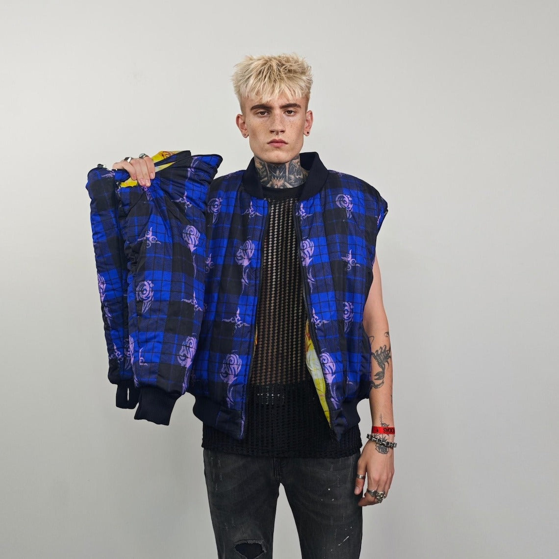 Tribal bomber yellow tattoo print jacket Aztec reversible college varsity detachable sleeves handmade checked puffer grunge plaid punk coat
