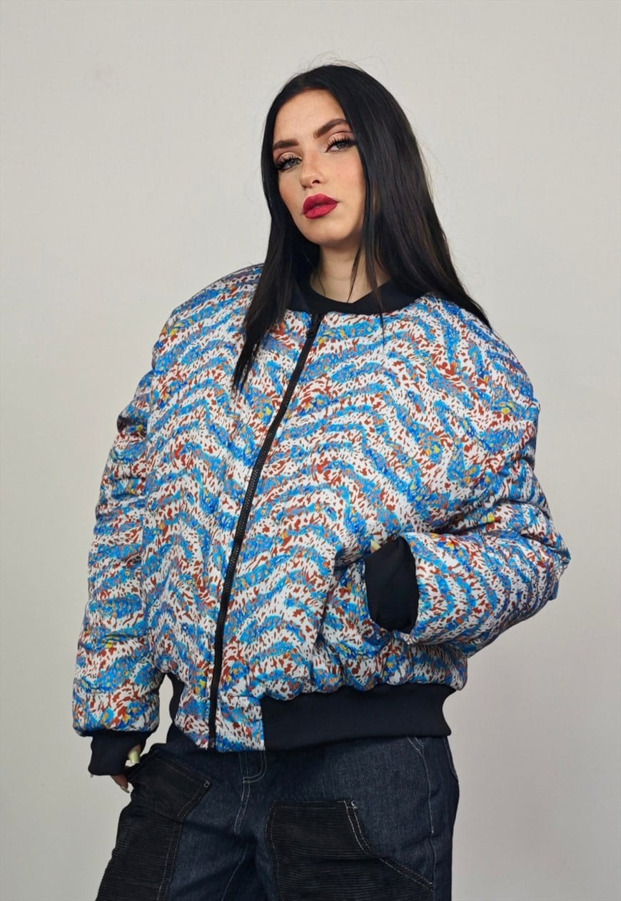 Zebra print varsity jacket blue striped reversible bomber