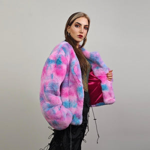 Pink tie-dye fleece coat short abstract collarless jacket gradient trench fluffy detachable sleeves handmade festival overcoat burning man